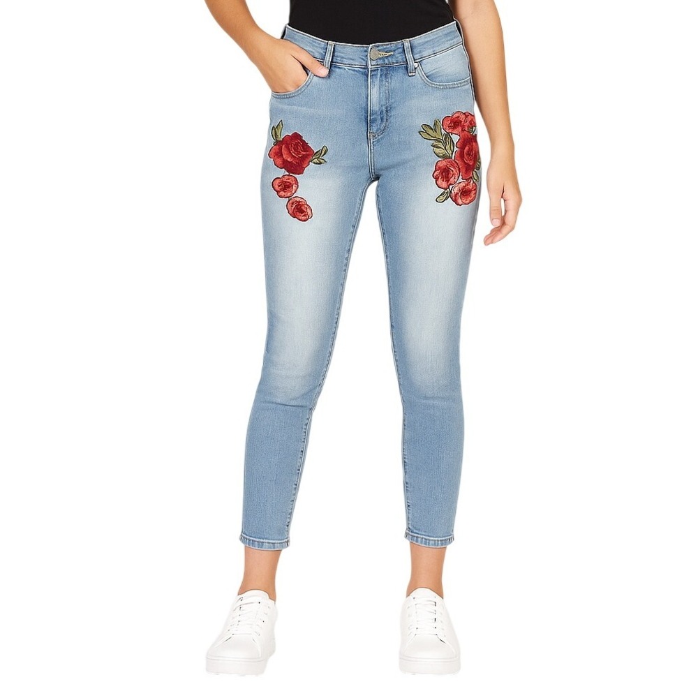 ANA Jeans 26/2 Blue Denim Skinny Ankle Floral Embroidered Fringe Boho Stretch